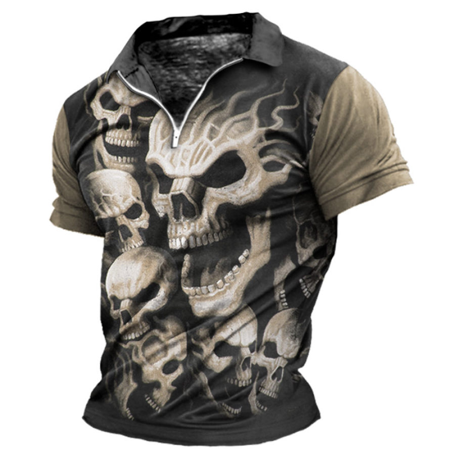 

Men's Vintage Skull Print Quarter Zip T-Shirt