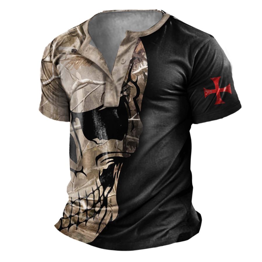 

Men's Vintage Branch Skull Cross Print Henley T-Shirt