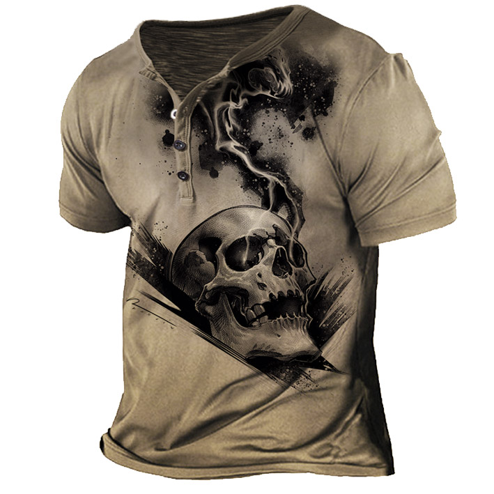 Men's Vintage Skull Print Chic Henley T-shirt