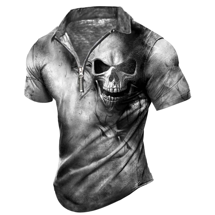 

Men's Vintage Skull Print Zip Polo T-Shirt