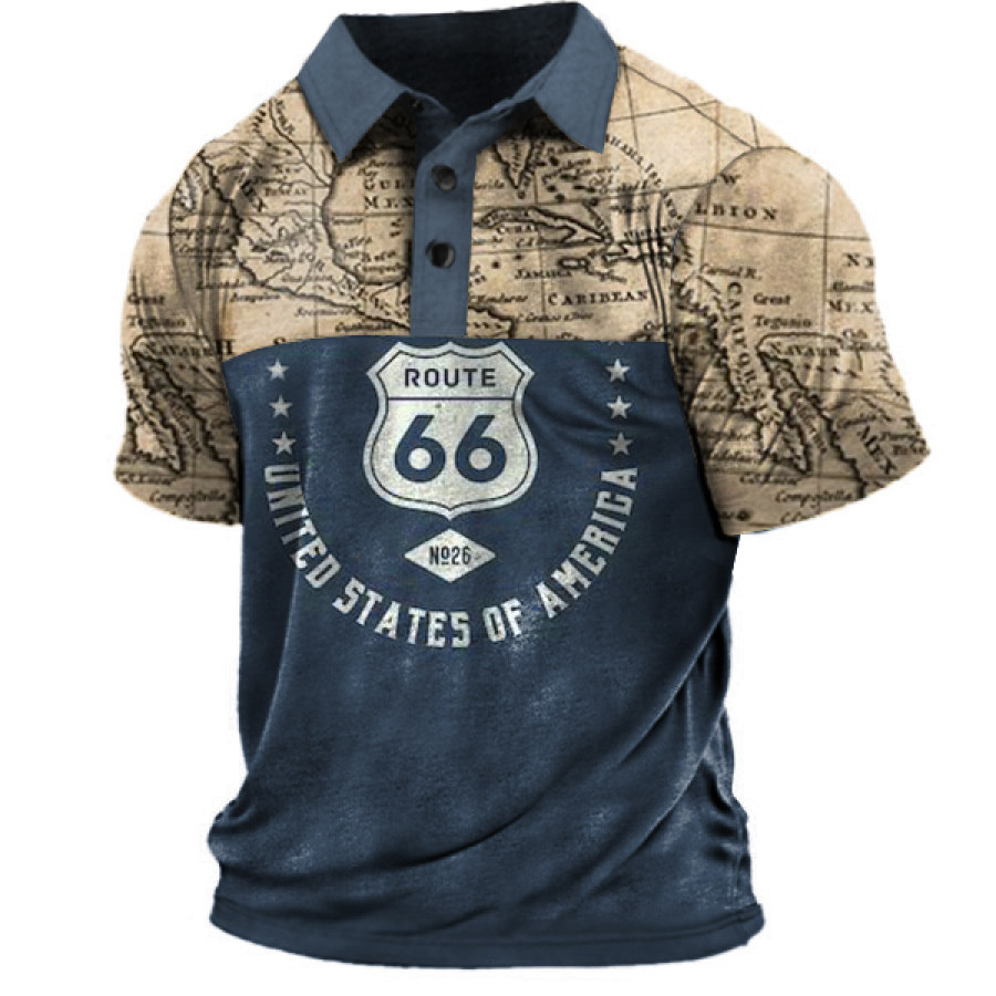 

Men's Vintage Route 66 World Map Snap Polo T-Shirt