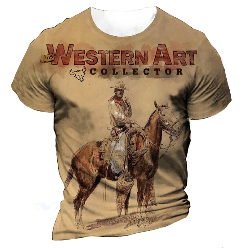 Men's Retro Outdoor Western Chic Cowboy Graphic Round Neck Tee