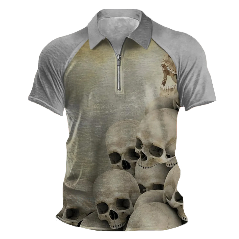 Men's Outdoor Vintage Skull Chic Graphic Zipper Polo T-shirt