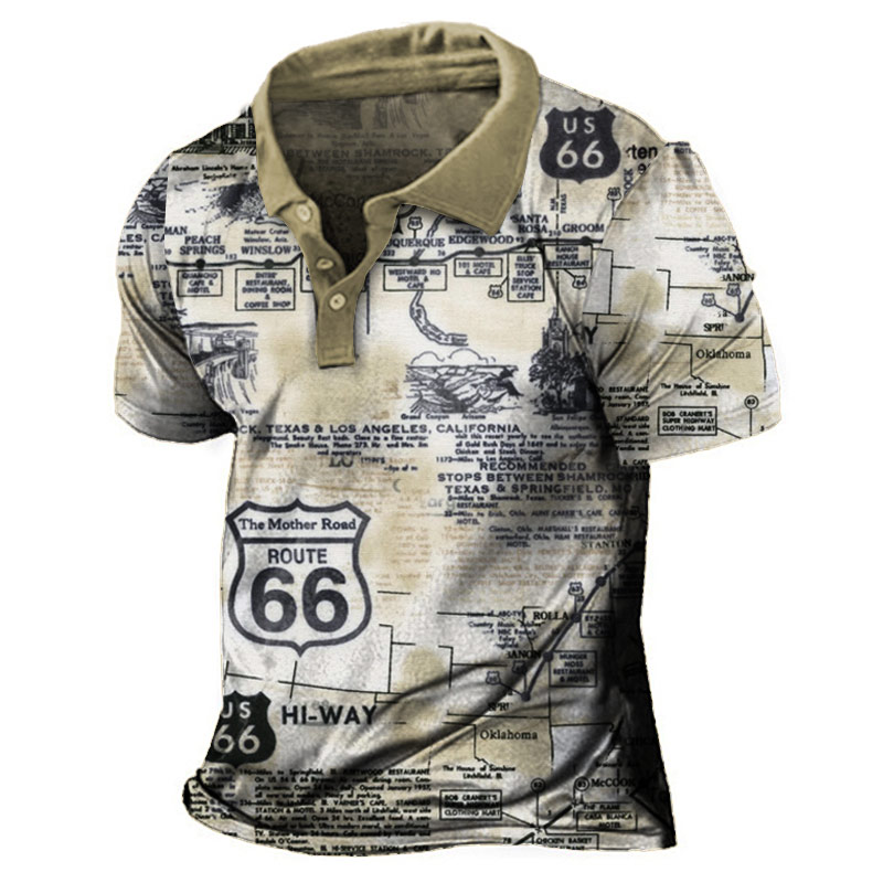 Men's Route 66 Vintage Chic Map Print Polo Neck T-shirt