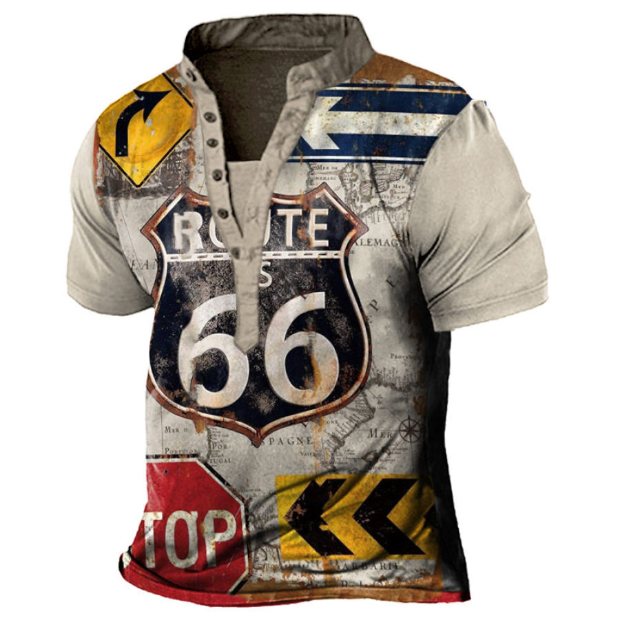 

Men's Vintage Route 66 Print Henley T-Shirt