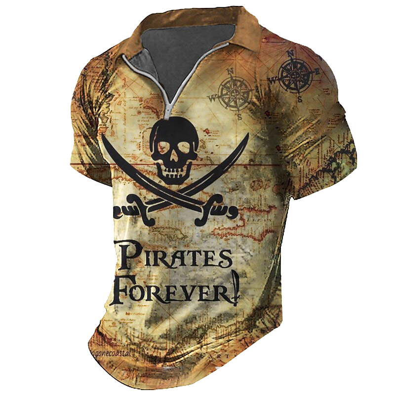 Men's Vintage Skull Pirate Chic Compass Print Zip Polo T-shirt