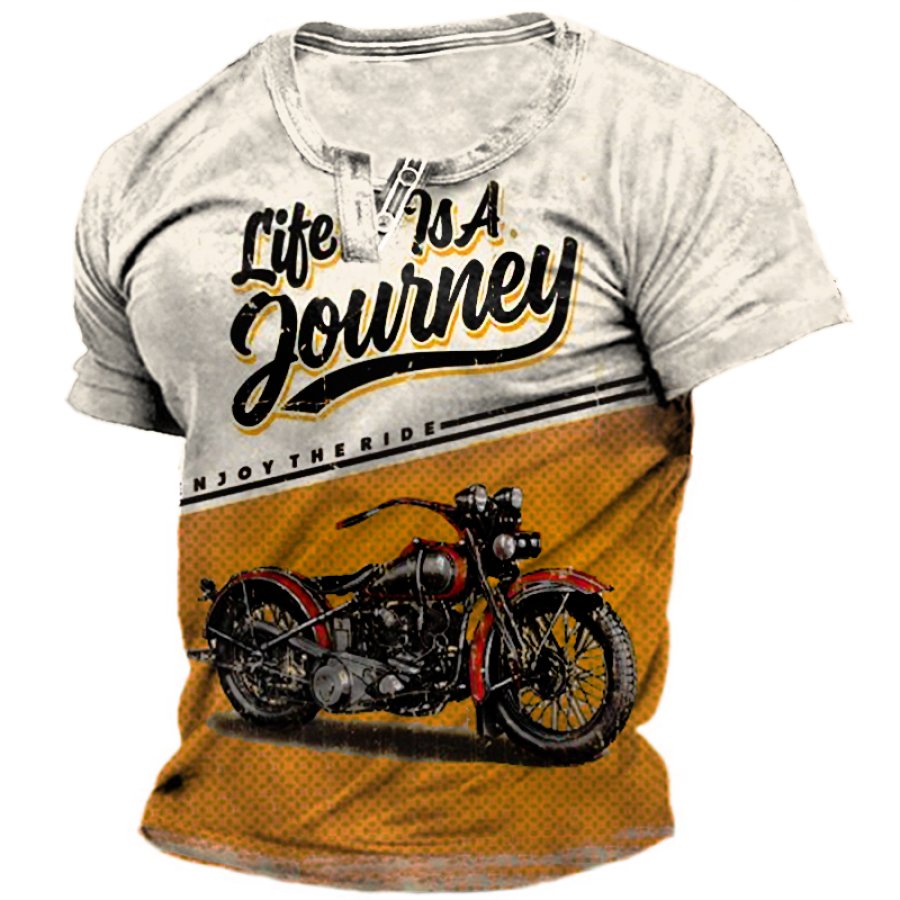

Men's Vintage Motorcycle Outdoors Road Trip Print Henley Collar T-Shirt