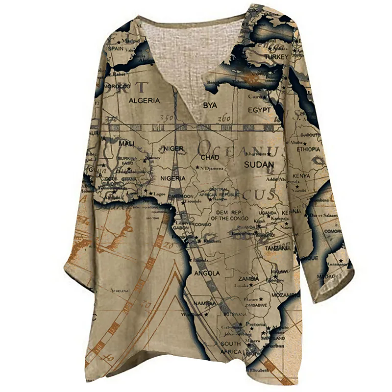 Men's Cotton And Linen Chic Graphic Map Loose V-neck Shirt