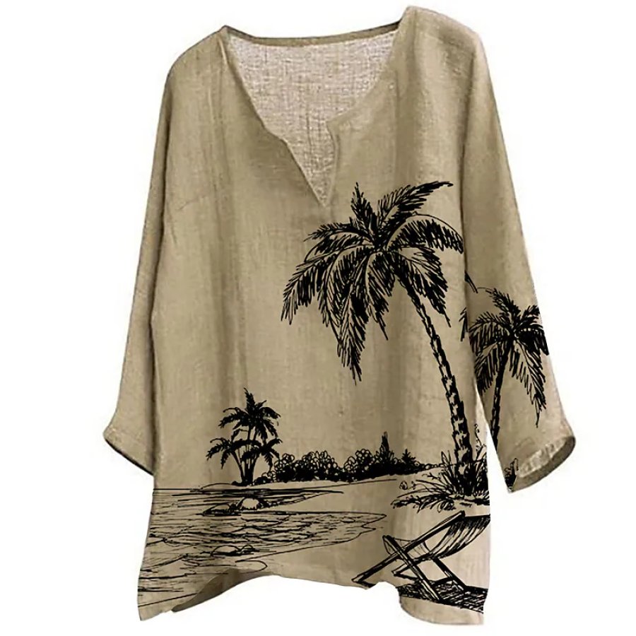 

Men's Cotton And Linen Palm Tree Printed Loose V-neck Shirt