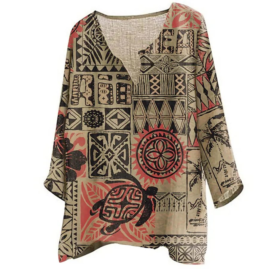 

Men's Cotton And Linen Graphic Tribal Loose V-neck Shirt