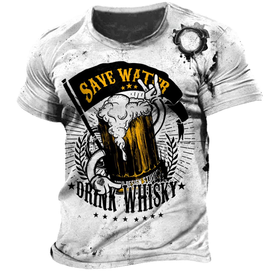 

Men's Vintage Distressed Fun Beer Print T-Shirt