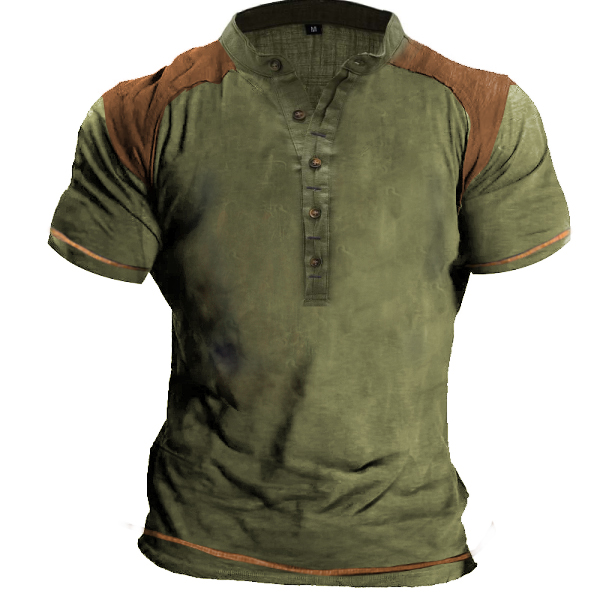 Men's Outdoor Color Contrast Chic Tactical Henley Stand Collar T-shirt