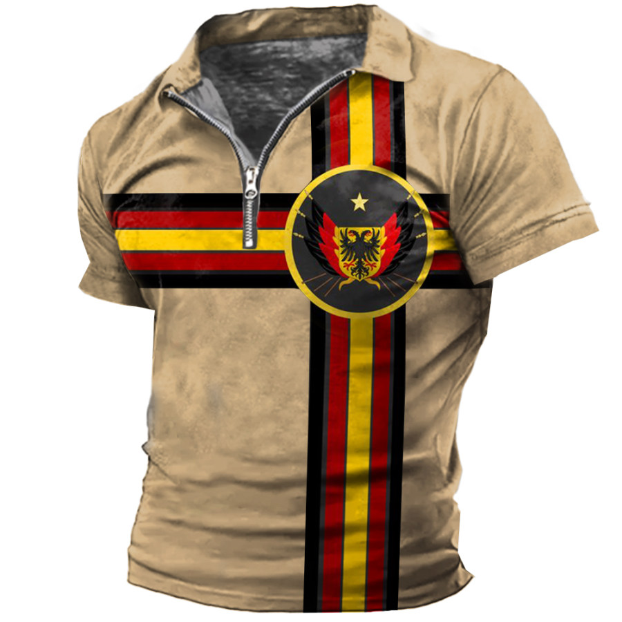 

Men's Vintage German Flag Eagle Print Zipper Lapel T-Shirt