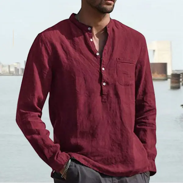 Men's T-Shirts Men's Shirt Linen Shirt Maroon Shirt Solid Color V Neck ...