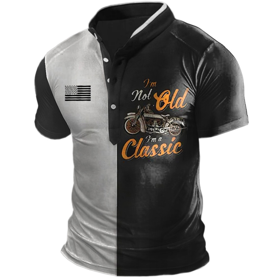 

Men's Vintage Motorcycle Contrast Print Henley Collar T-Shirt