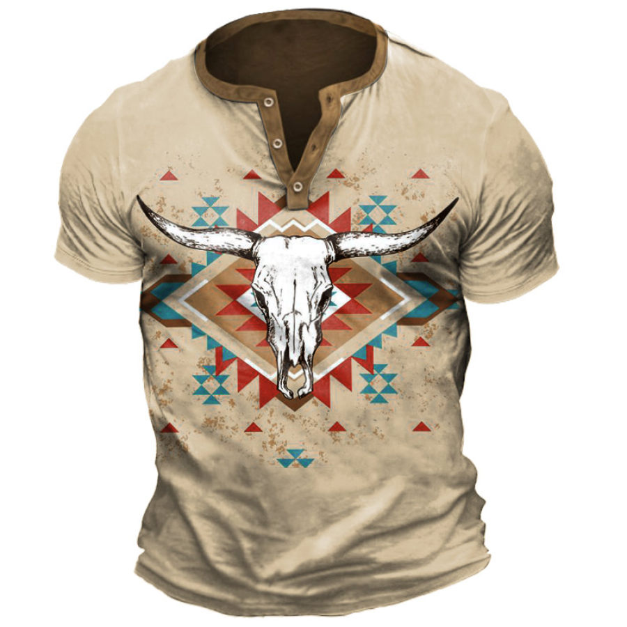 

Men's Vintage Western Cowboy Ethnic Print Henley T-Shirt