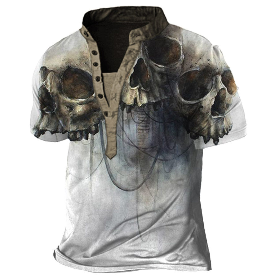 

Men's Vintage Skull Print Henley Casual T-Shirt