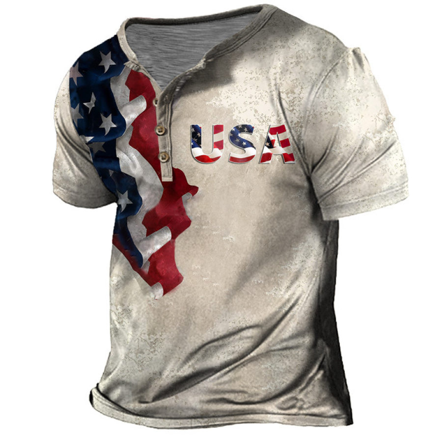 

Men's Vintage American Flag USA Henley Collar T-Shirt