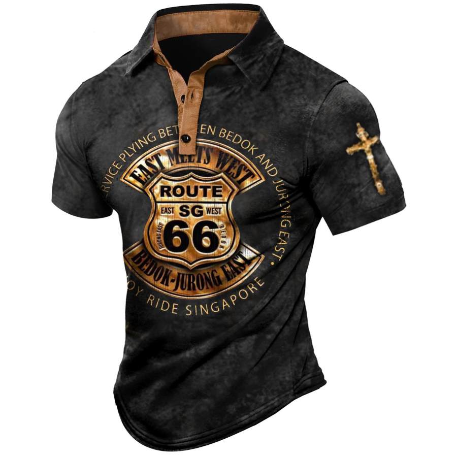 

Men's Vintage Route 66 Cross Print Polo T-Shirt