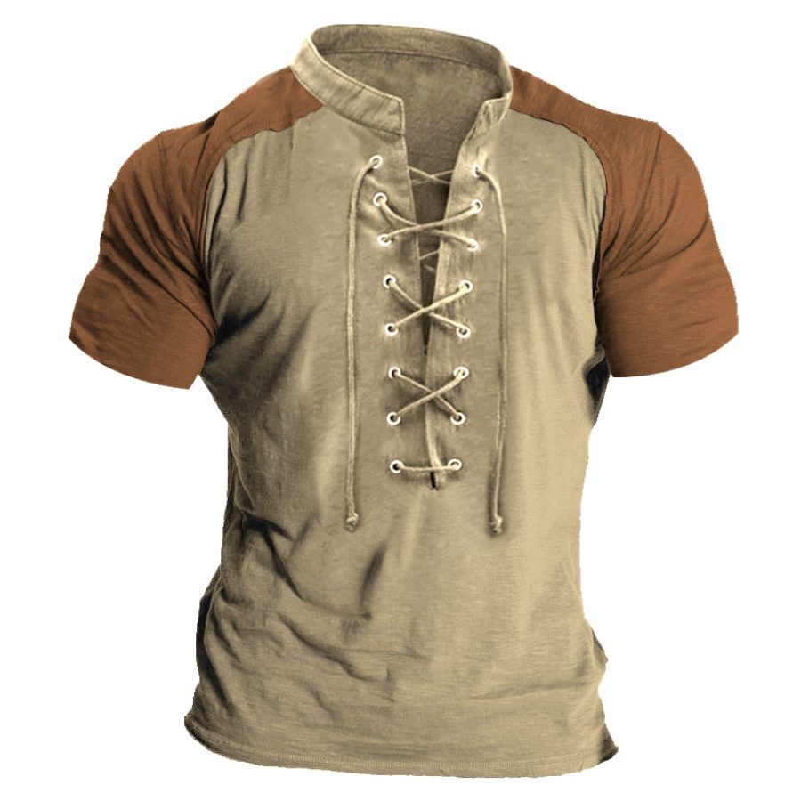 

Men's Vintage Colorblock Lace-Up Stand Collar T-Shirt