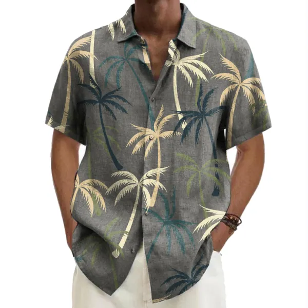 Men's Coconut Tree Printed Linen Casual Short Sleeve Shirt - Blaroken.com 