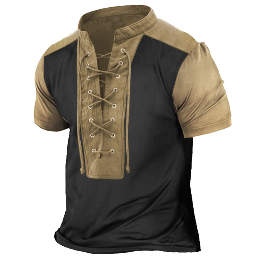 

Men's Outdoor Retro Color Block Lace Up Tactical T-Shirt
