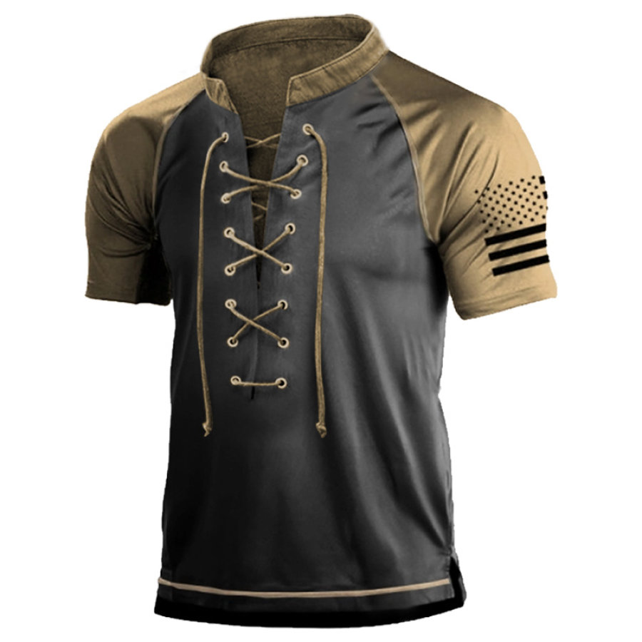 

Men's Vintage Outdoor Tactical Lace Up American Flag T-Shirt