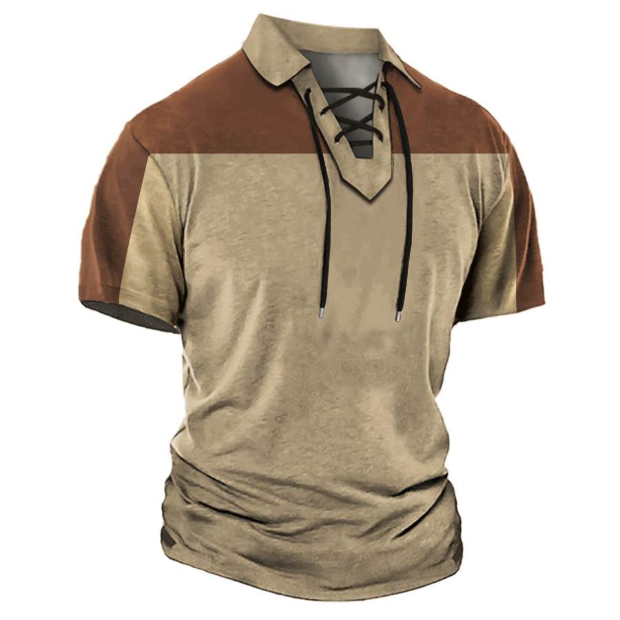 

Men's Vintage Colorblock Lace-Up Lapel T-Shirt