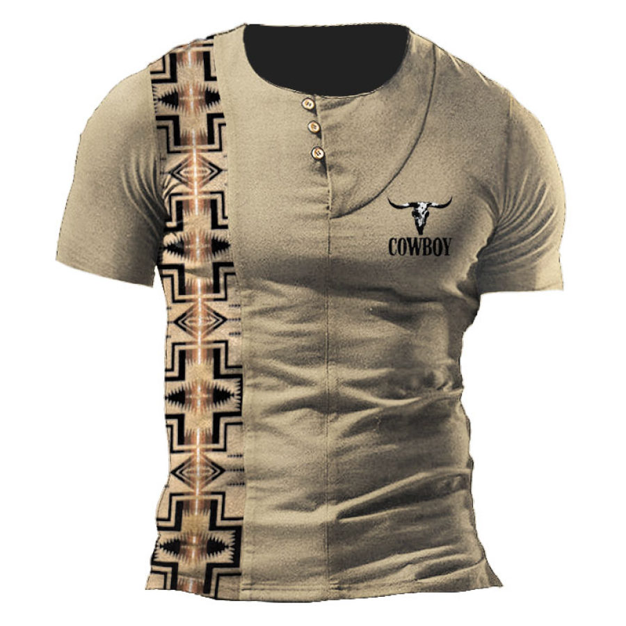 

Men's Vintage Western Cowboy Aztec Print Henley T-Shirt