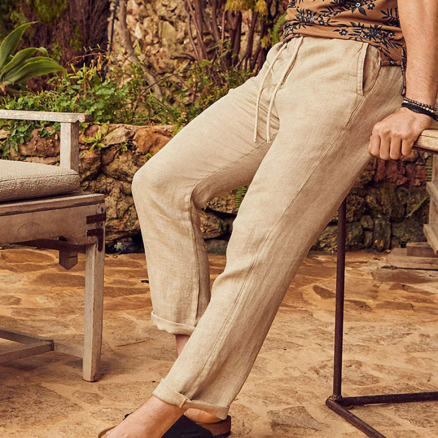 

Men's Cotton And Linen Loose Casual Solid Color Cropped Pants