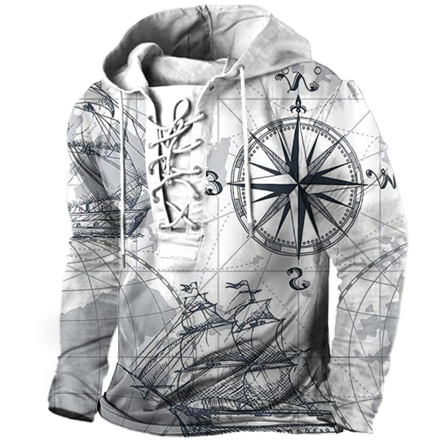 

Men's Vintage Nautical Map Print Lace-up Hooded Long Sleeved T-shirt