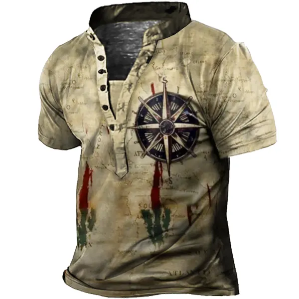 Men's Vintage Nautical Map Compass Henley Collar T-Shirt - Kalesafe.com 