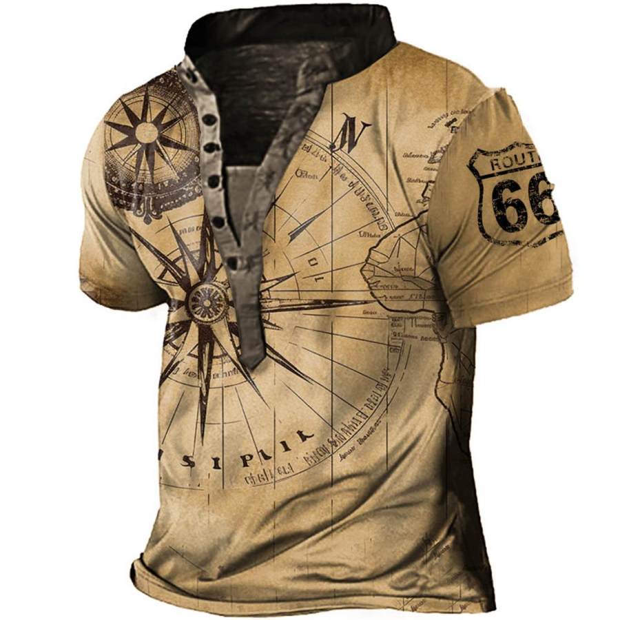 

Men's Vintage Nautical Compass Route 66 Henley T-Shirt