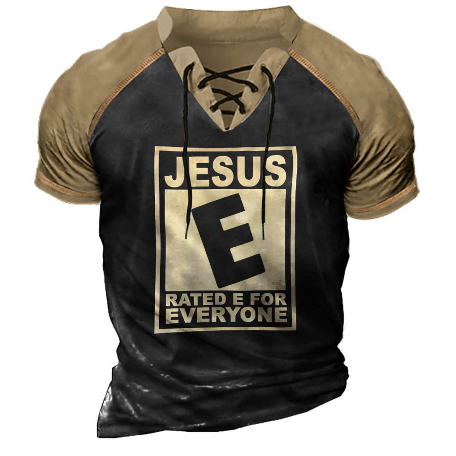 

Men's Vintage Jesus Easter Print Lace-Up Collar T-Shirt