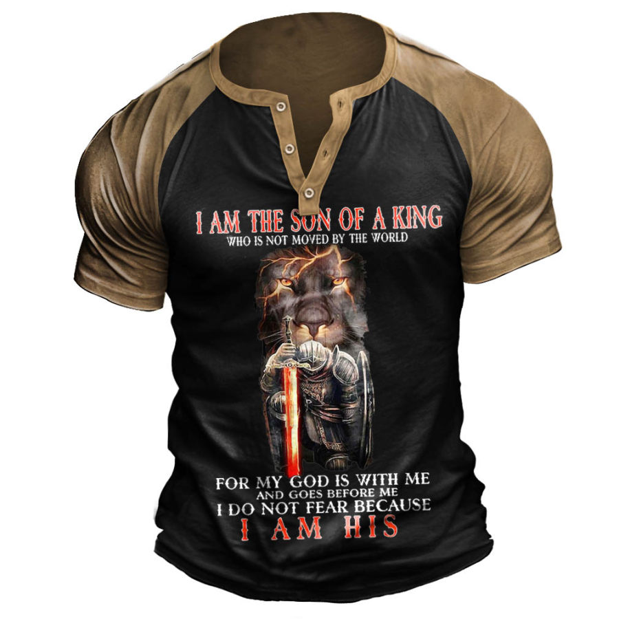 

Men's Vintage I Am The Son Of A King Lion Christian Templar Henley T-Shirt