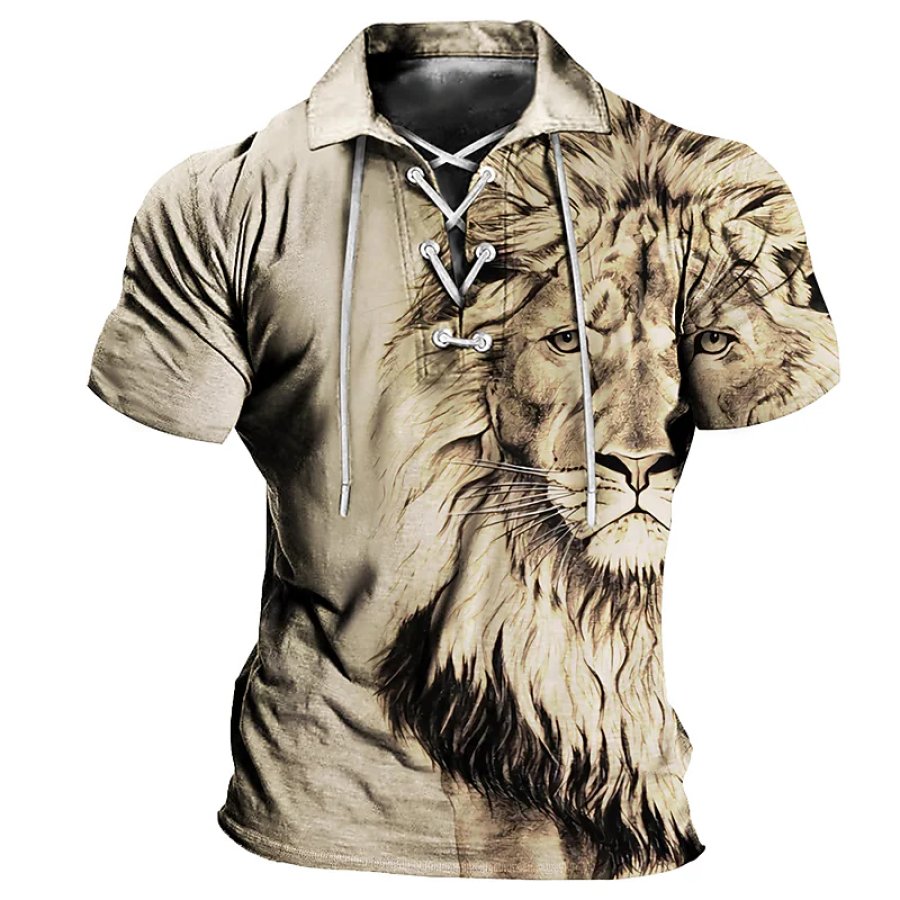 

Men's Outdoor Lion Graphic Prints Lace-up Golf Shirt