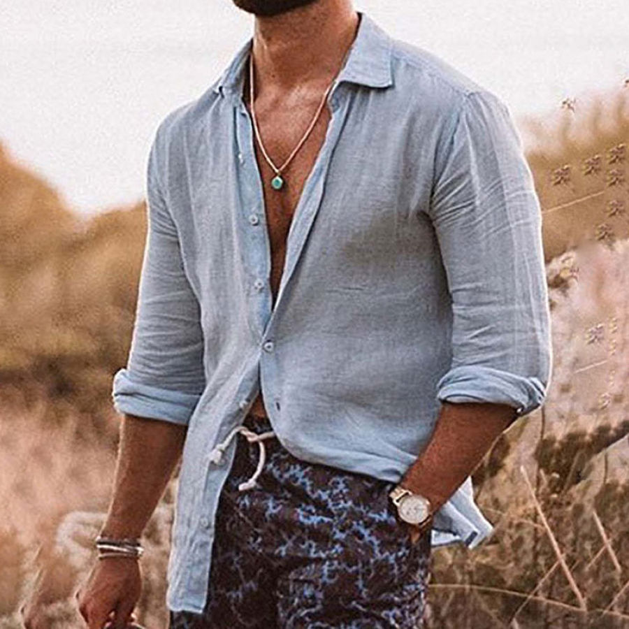 

Men's Casual Loose Solid Color Long-sleeved Cotton And Linen Shirt