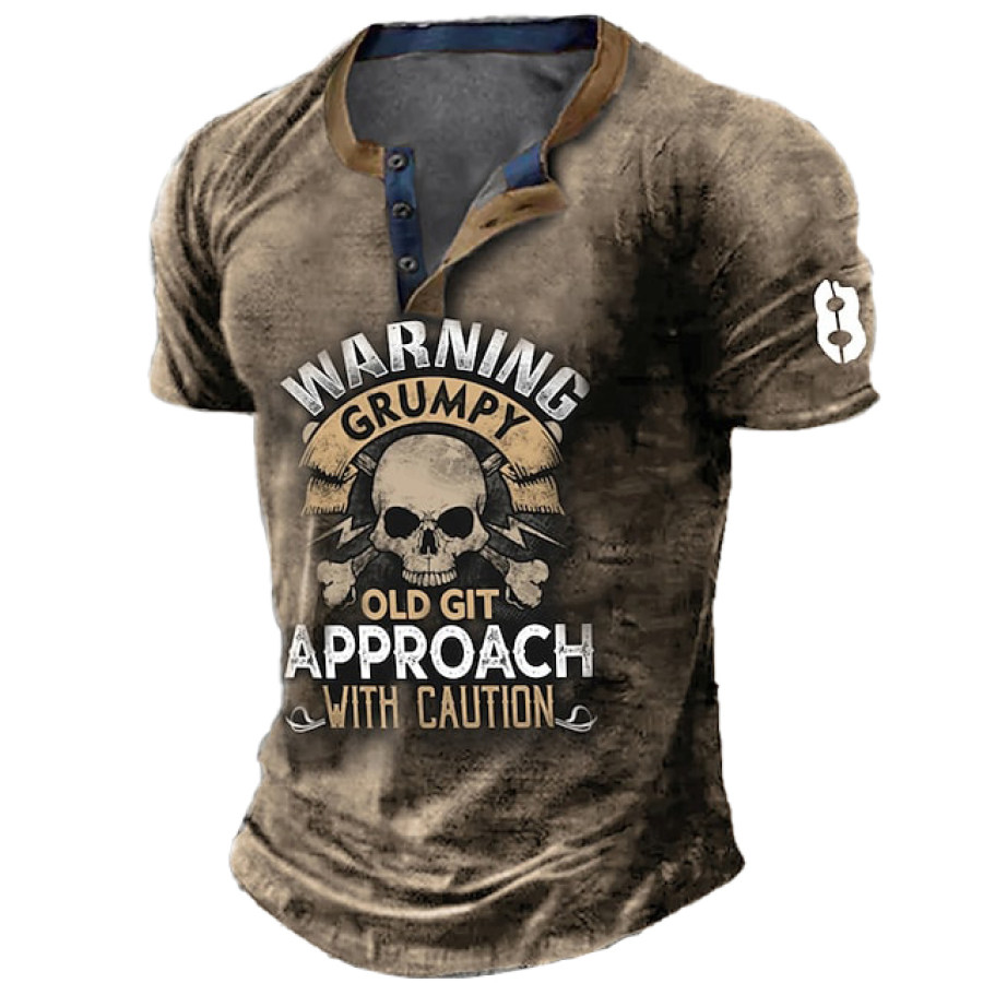 

Men's Vintage Skull Print Henley Short Sleeve T-Shirt