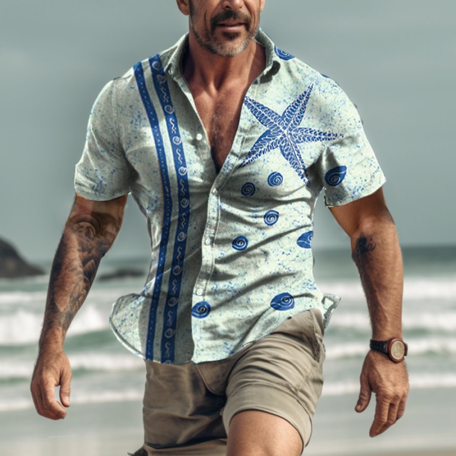 

Camisa Con Estampado De Vida Marina De Estrellas De Mar Para Vacaciones En Hawái Vintage Para Hombre