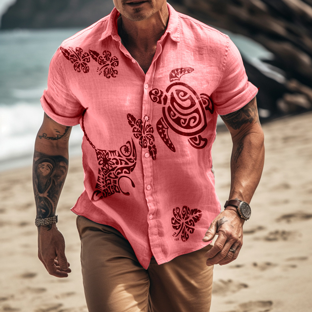 Men's Vintage Hawaiian Vacation Turtle Jellyfish Print Shirt