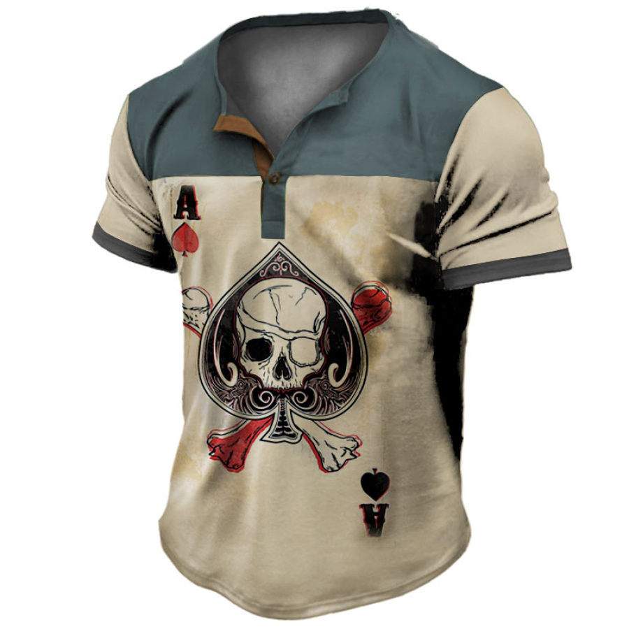 

Men's Vintage Playing Card Skull Print Henley T-Shirt