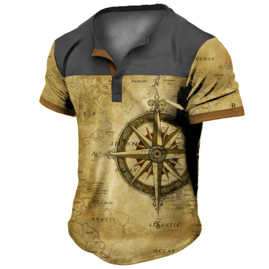 

Men's Vintage Nautical Map Compass Print Henley T-Shirt