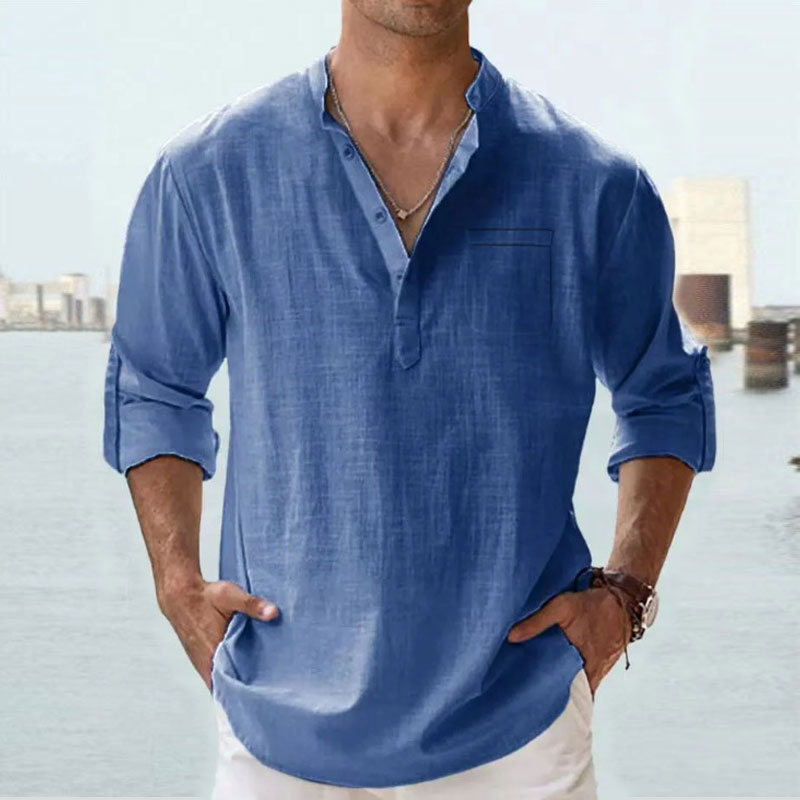Men's Casual Loose Solid Color Cotton And Linen Long-sleeved Shirt