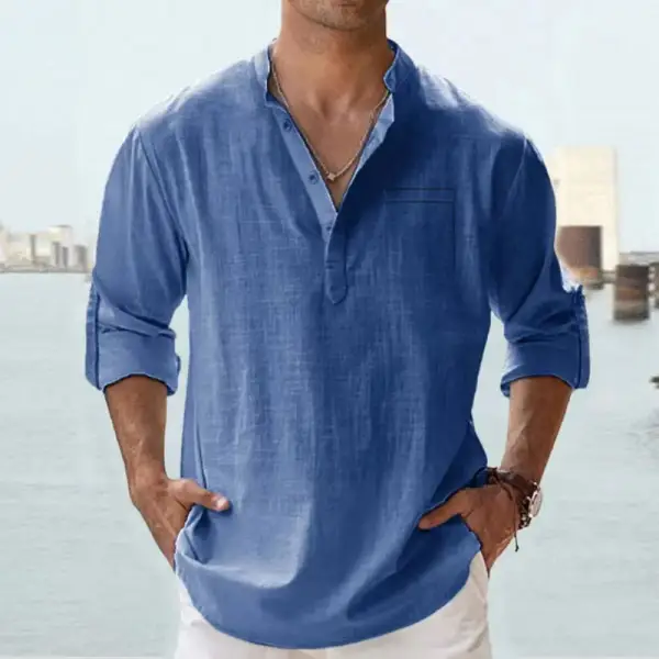 Men's Casual Loose Solid Color Cotton And Linen Long-sleeved Shirt - Blaroken.com 