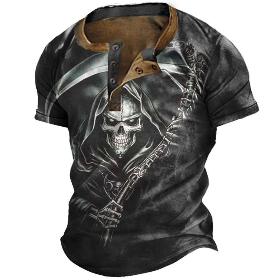 

Men's Vintage Skull Print Henley Collar T-Shirt