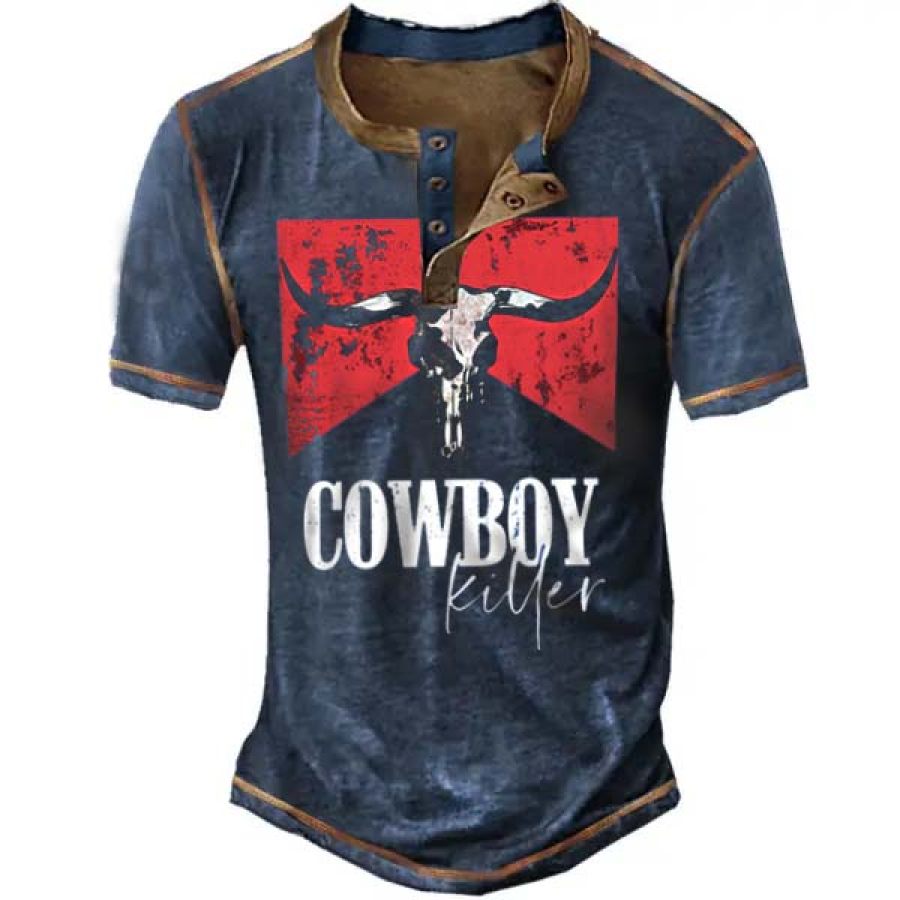

Men's Vintage Cowboy Print Henley T Shirt