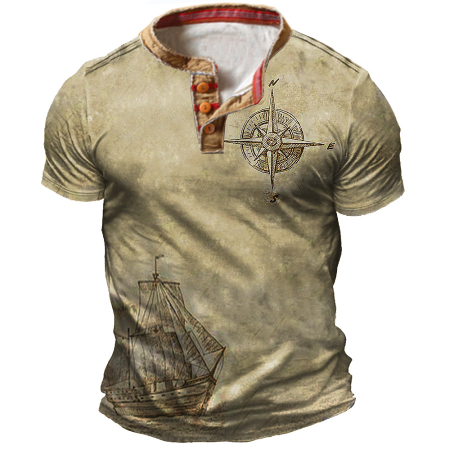 

Men's Vintage Sailing Compass Print Henley Collar T-Shirt