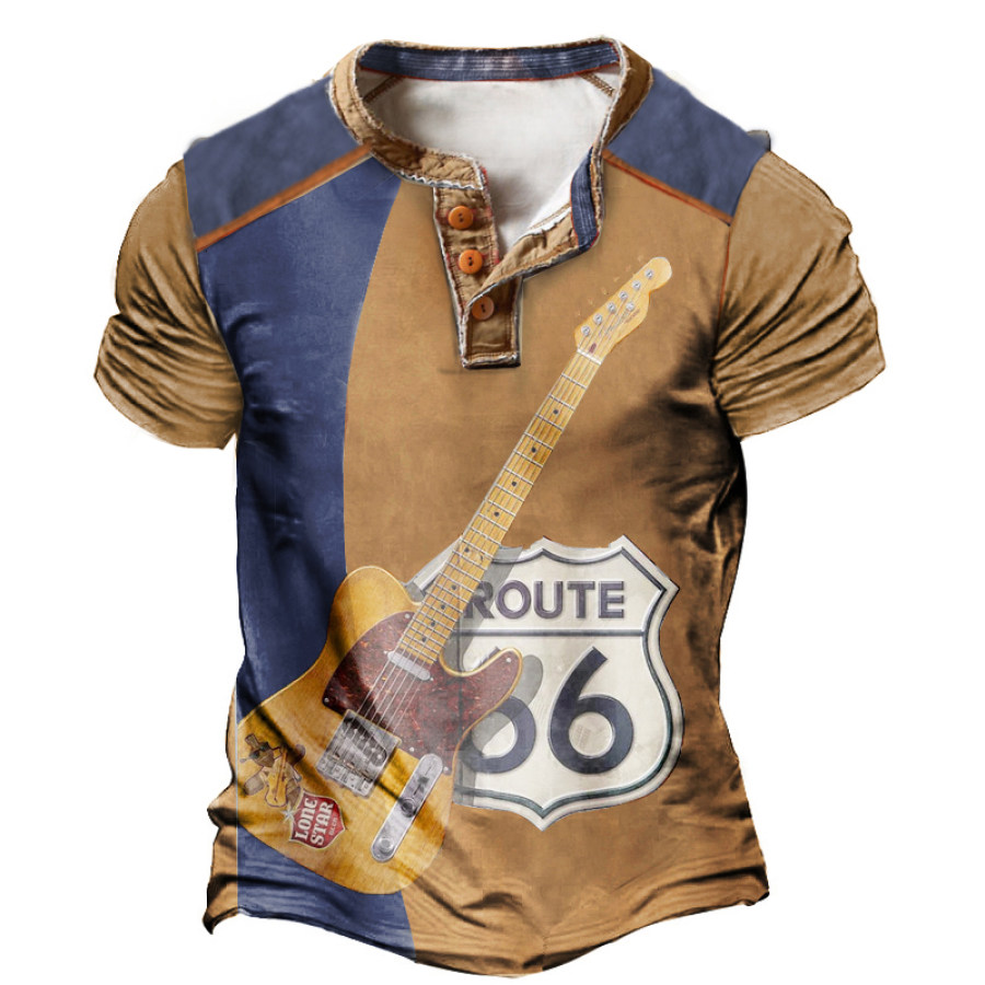 

Men's Vintage Route 66 Guitar Print Henley T-Shirt