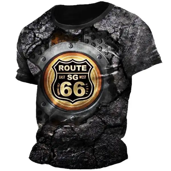 Men's Vintage Route 66 Print Short Sleeve T-Shirt - Kalesafe.com 