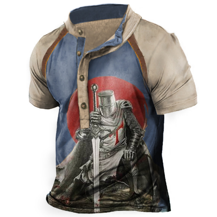 

Men's Vintage Templar Print Henley Short Sleeve T-Shirt